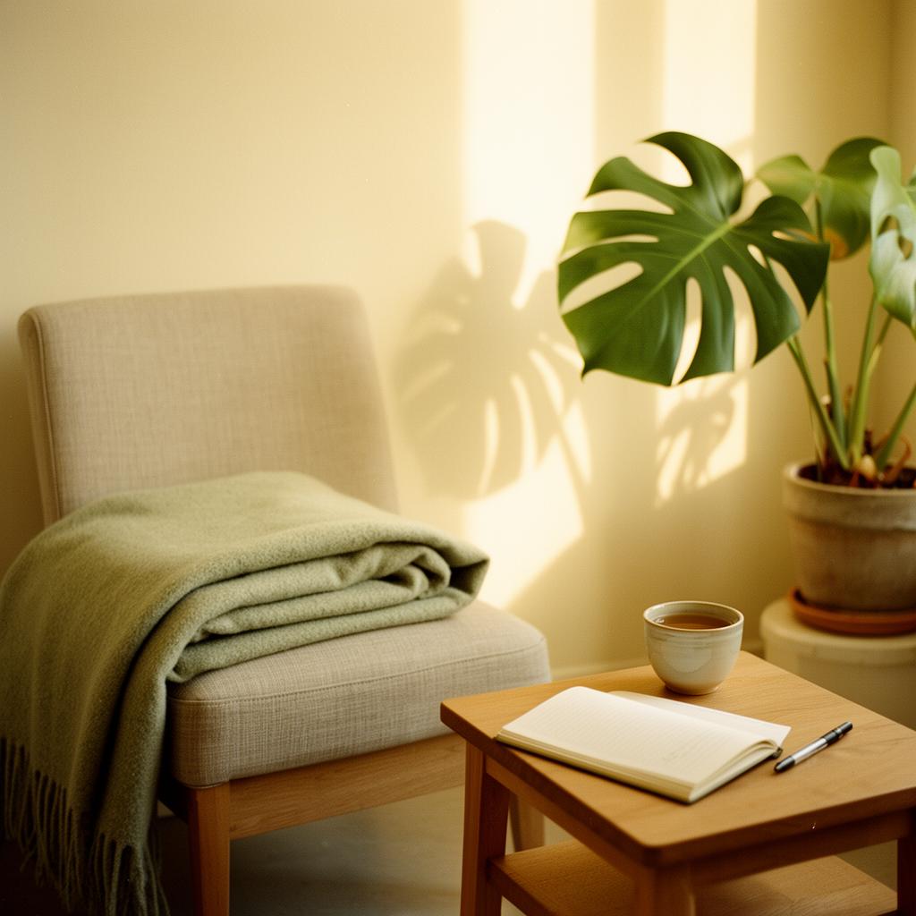 Praktijkruimte met linnen fauteuil, plant en zacht licht